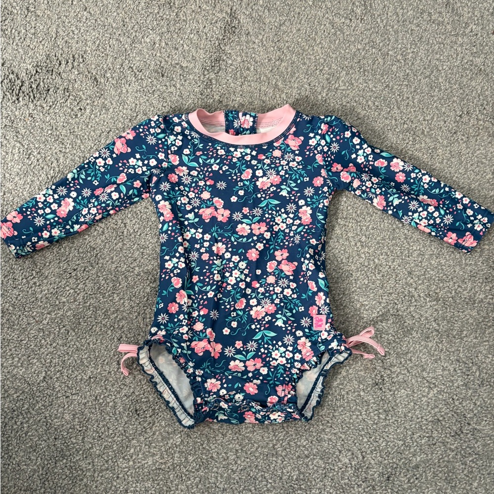 Ruffle Butts Navy and Pink Floral Kids Rashguard